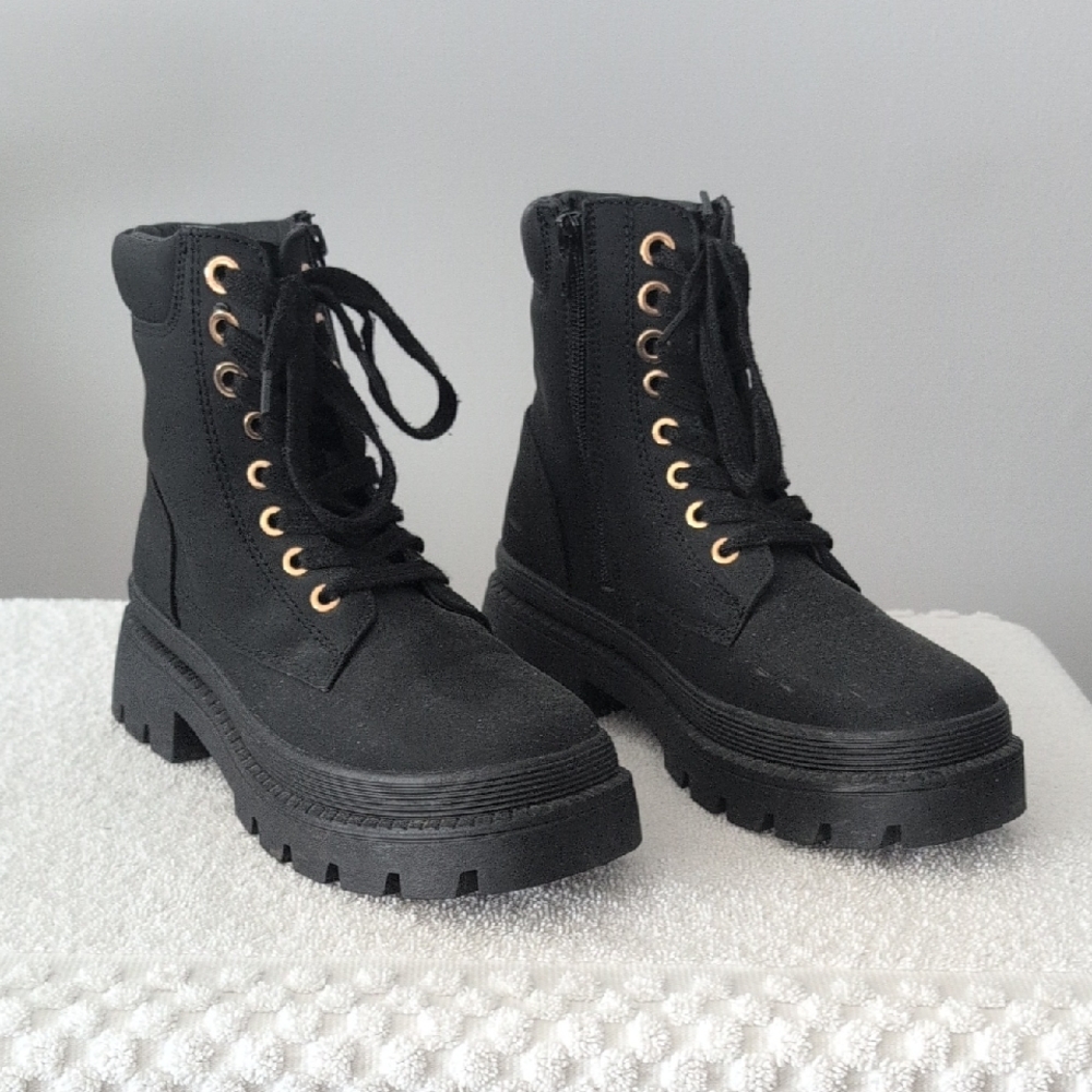 Shoe Dazzle Black Combat Boots with Gold Eyelets